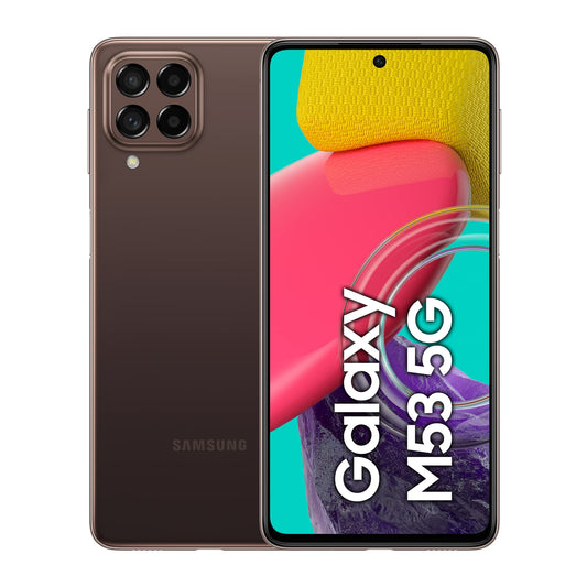 Samsung Galaxy M53 5G - 6.7" Infinity-O display, 5000mAh battery, 6GB RAM, 128GB storage, Dual-SIM, brown color.