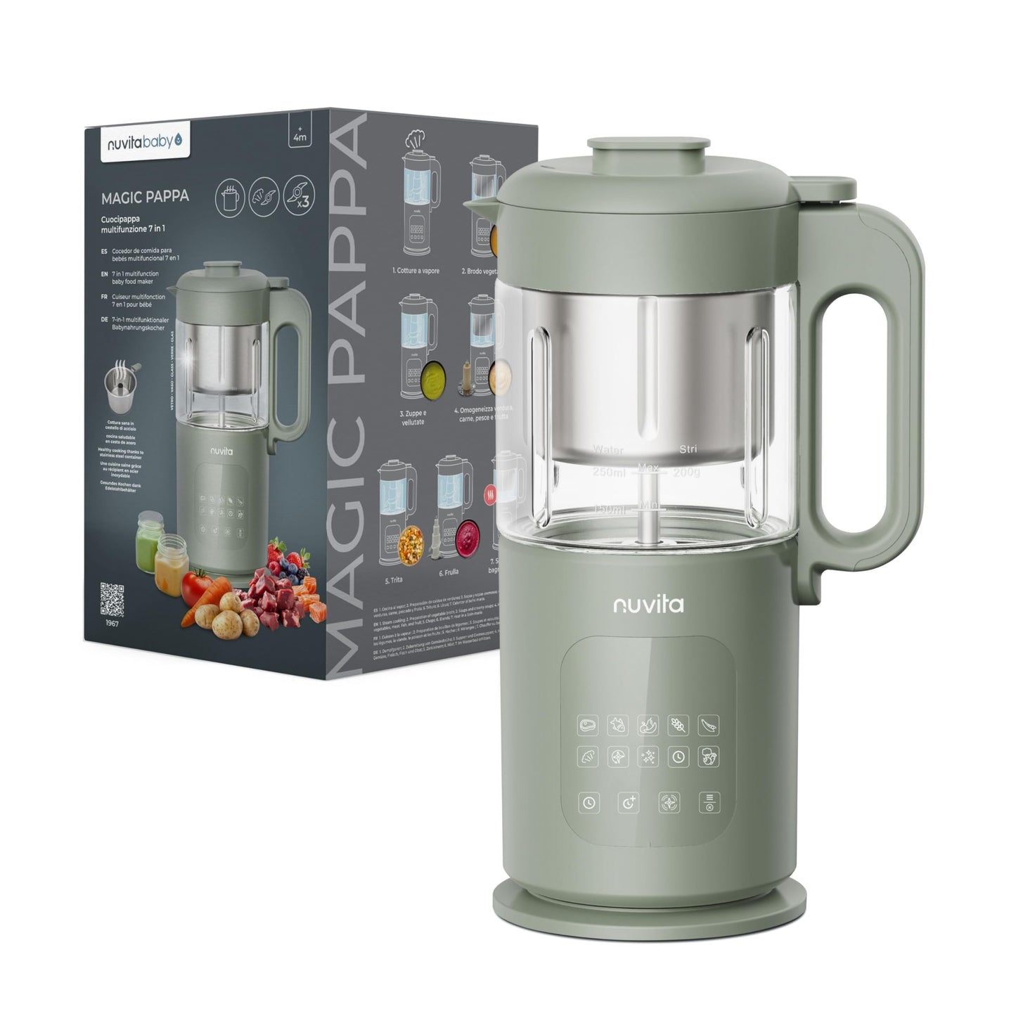 Nuvita Magic Pappa 7-in-1 daudzfunkcionāls bērnu pārtikas pagatavotājs, tvaicē, blendē, sasmalcina, gatavo biezeņus, smūtijus un homogenizētu pārtiku ar pašattīrīšanās funkciju, Nuvita Chef app