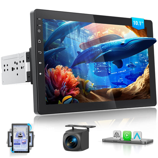 Auto navigācija Haudio 360° grozāms 1 DIN autoradio ar Wireless CarPlay un Android Auto, 10,1" IPS ekrāns, 720P atpakaļskata kamera, GPS, Mirror Link, balss vadība, RDS/FM/AM radio, piemērots visiem transportlīdzekļiem