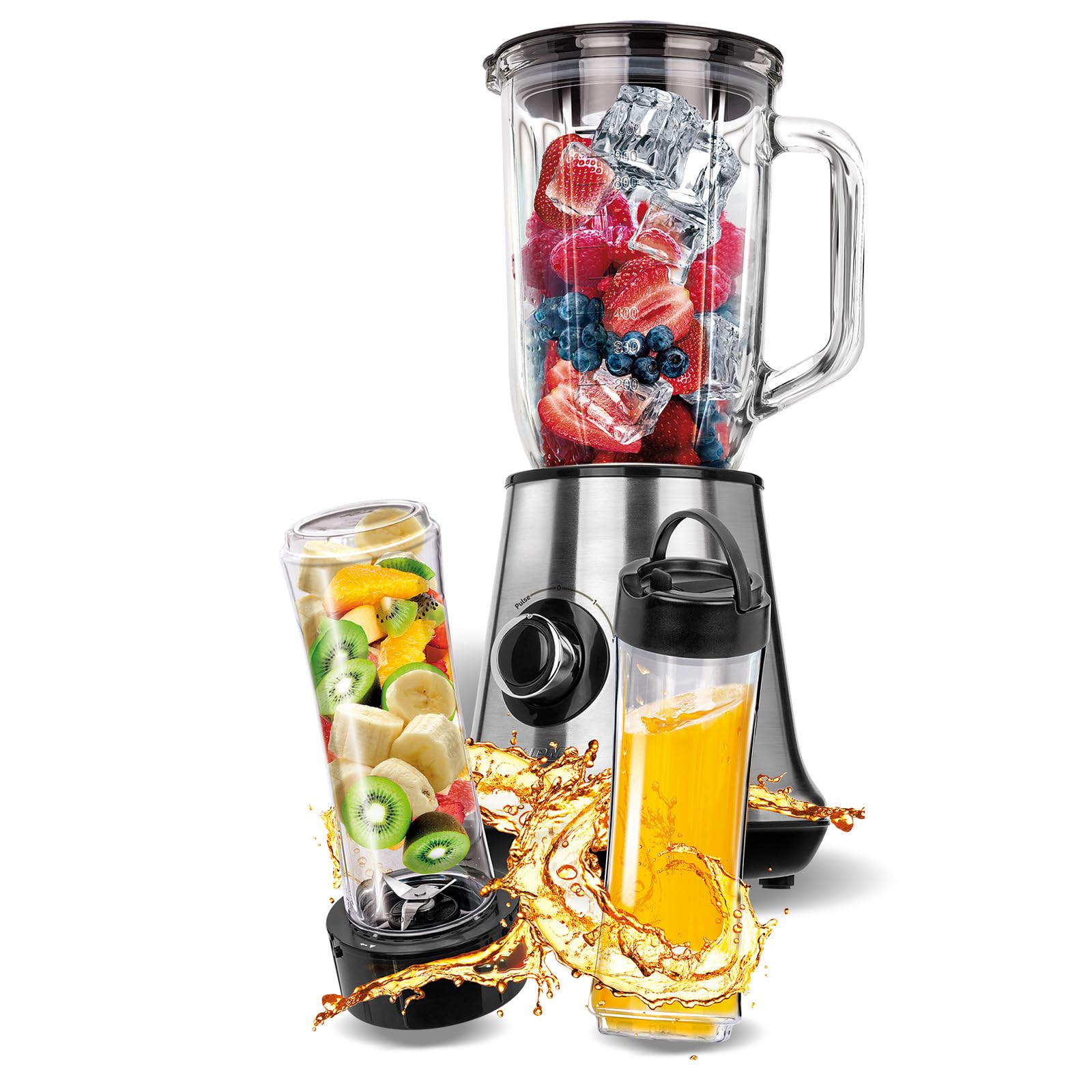 MPM MBL-15M stacionārais mikseris - 1L trauks, 2 pudeles, 450W, nerūsējošā tērauda asmeņi, 2 ātrumi, pulsa funkcija.