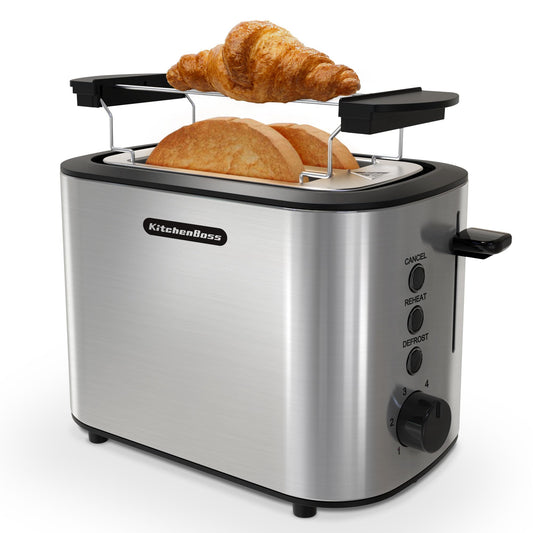 KitchenBoss tosteris 2 šķēles: tosteris ar maizes uzgaļu un drupatu atvilktni, 6 brūnināšanas līmeņi, nerūsējošā tērauda tosteris ar automātisko izslēgšanos, atkausēšanas funkciju un atkārtotas sildīšanas funkciju, 870W