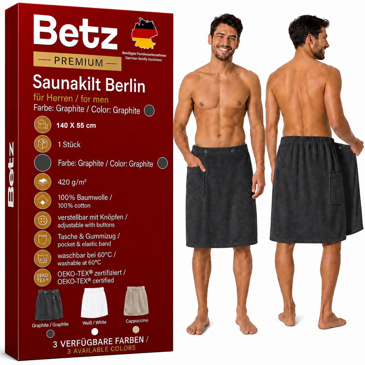 Saunas svārki Betz Berlin sievietēm un vīriešiem, frotē no 100% kokvilnas, 420 g/m², regulējami ar pogām un gumiju, ar kabatu, krāsa Graphit