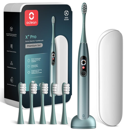 Oclean Elektriskā zobu birste X Series Pro dāvanu komplekts, ultraskaņas zobu birste ar ekrānu, 3 režīmi un 32 intensitātes, ultraskaņas elektriskā zobu birste ar taimeri, 6 gabali zobu birstes galviņas ar ceļojumu maciņu, zaļa