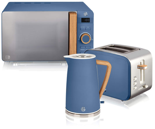 Swan Nordic brokastu komplekts, tējkanna, 1,7 l, 2200 W, plata maizes grauzdētāja 2 šķēlēm, digitālā mikroviļņu krāsns 20 l, mūsdienīgs dizains, koka izskats, matēts zils