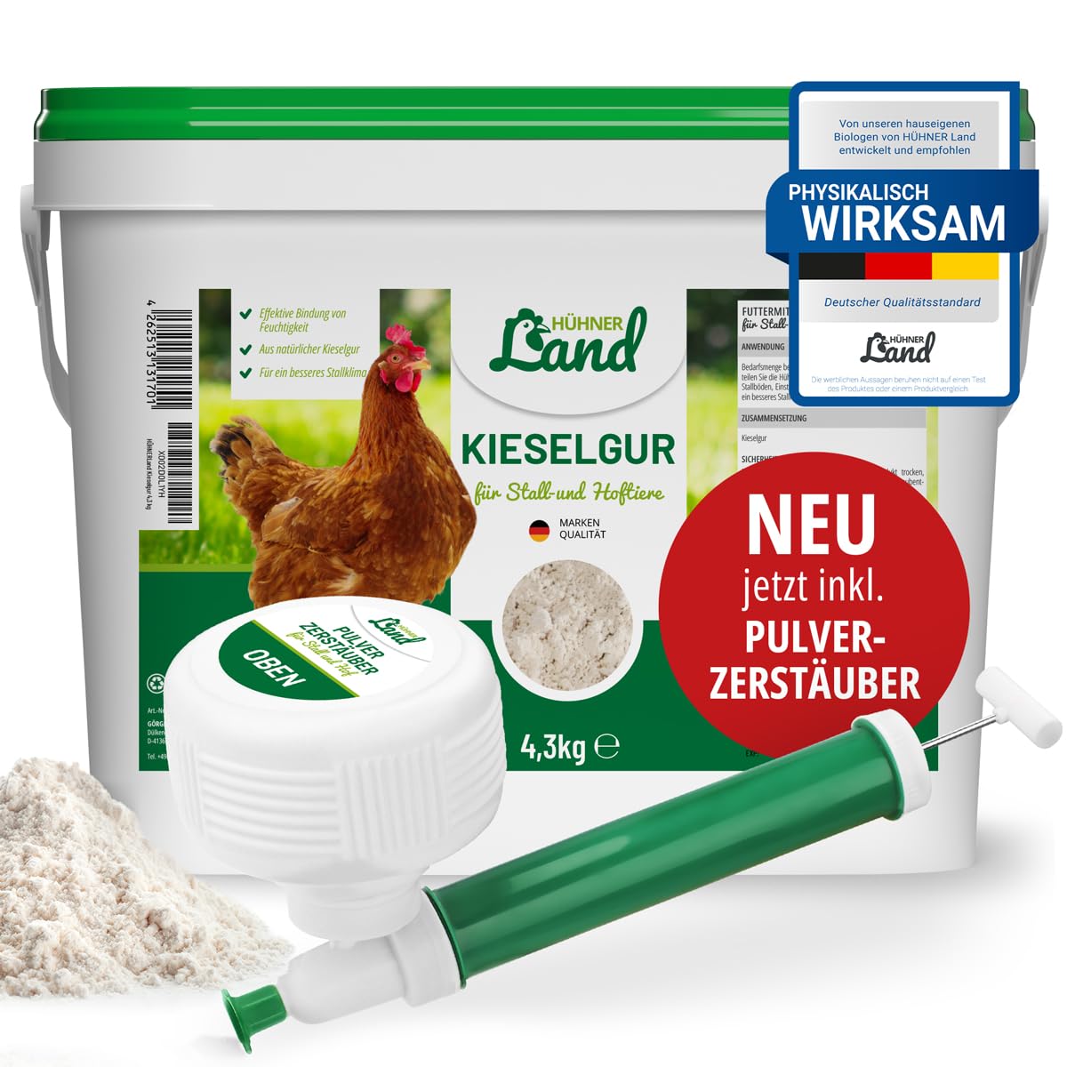 Diatomīta zeme vistām 4,3kg ar pulvera izsmidzinātāju HÜHNER Land – tīrs pulveris, dabīgs produkts, laboratoriski pārbaudīts