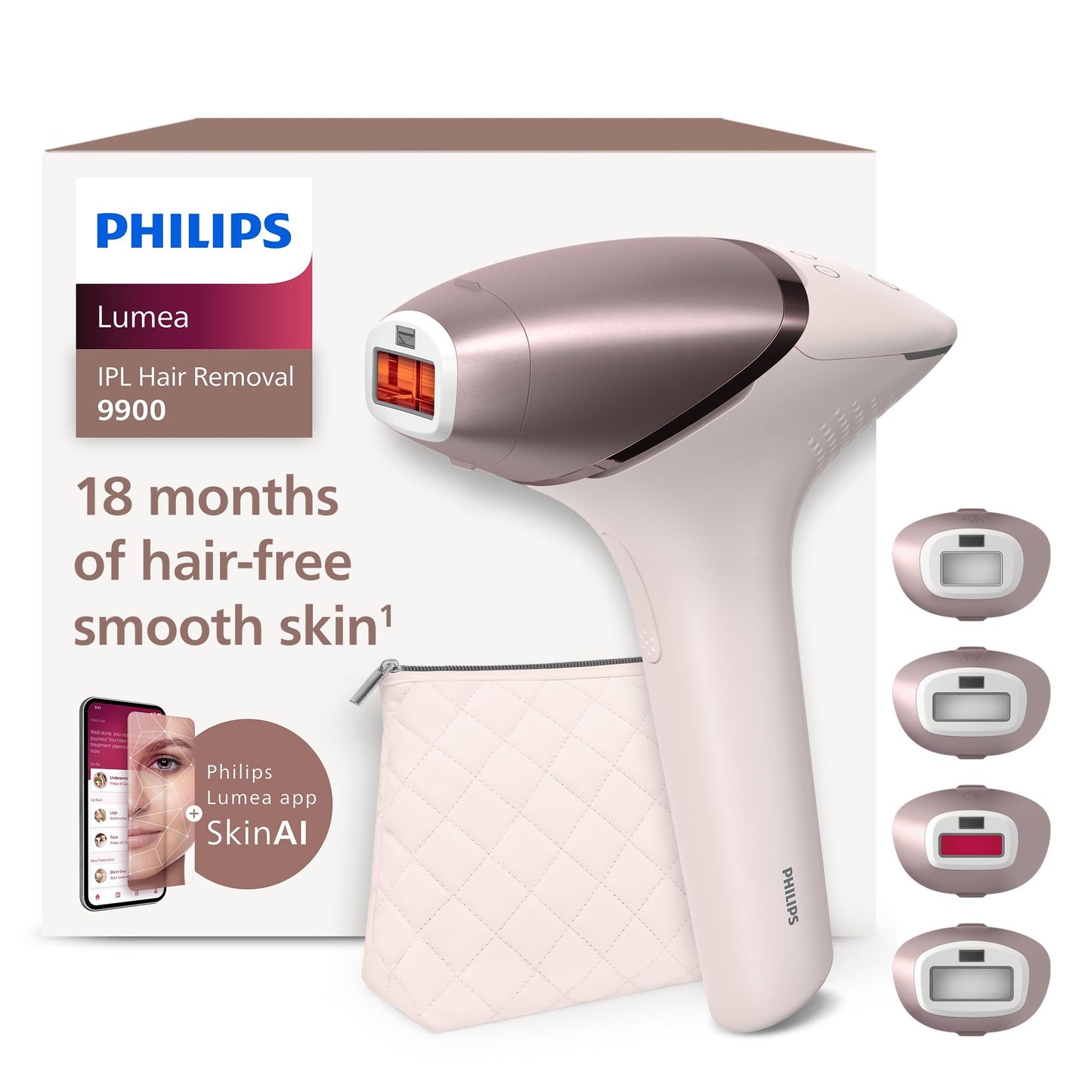 Philips Lumea 9900 - IPL matu noņemšanas ierīce ar SenseIQ, 4 uzgaļi, akumulatora un tīkla darbība, alternatīva lāzeram.