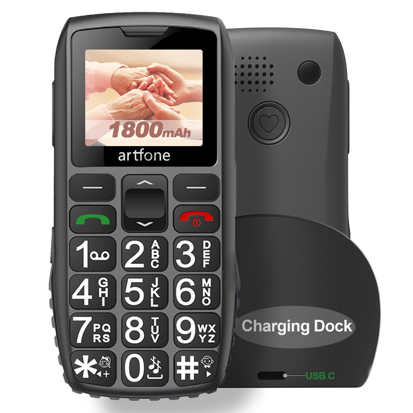 Senioru mobilais telefons Artfone bez līguma – Dual SIM 2G GSM ar lielām pogām, SOS zvans, uzlādes stacija, 1800mAh akumulators – Melns