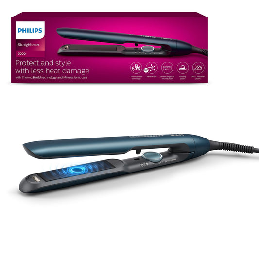 Philips matu izlīdzinātājs 7000 sērija, ThermoShield tehnoloģija, jonizācijas funkcija, keramikas plāksnes ar argana eļļu, zili zaļš metālisks, modelis BHS732/00