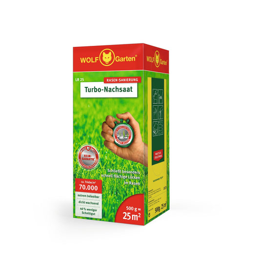 Zāliena sēkla WOLF-Garten Turbo-Nachsaat LR25 zāliena atjaunošanai, 25 m², augsts blīvums, apm. 70.000 dzinumu/m², visiem zāliena veidiem, ar WOLF-Garten dīgšanas garantiju, 500g
