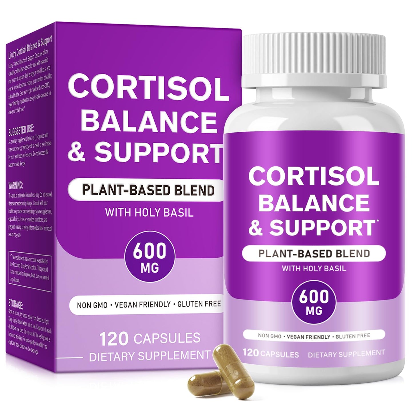 Kortizola atbalsta kapsulas - 120 kapsulas 4 mēnešiem - Ashwagandha, rožsakne, Holy Basil, magnijs, L-teanīns, fosfatidilserīns, vitamīns B6 un B12 - hormonālā līdzsvara atbalstam - bez glutēna (1 gab.)