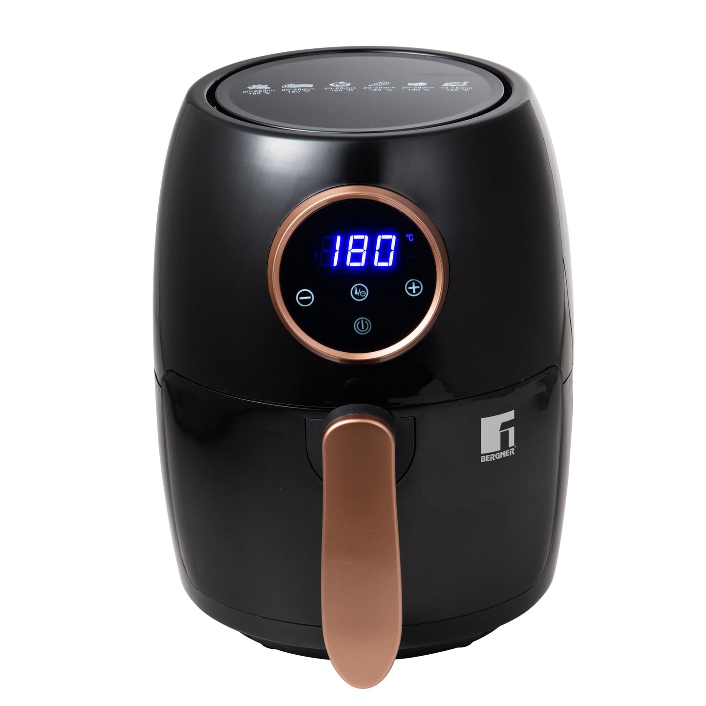 BERGNER Copperly – Karstā gaisa fritieris, 1000 W, 2L, regulējams termostats 80-200 °C, taimeris ar trauksmi, noņemams katls.