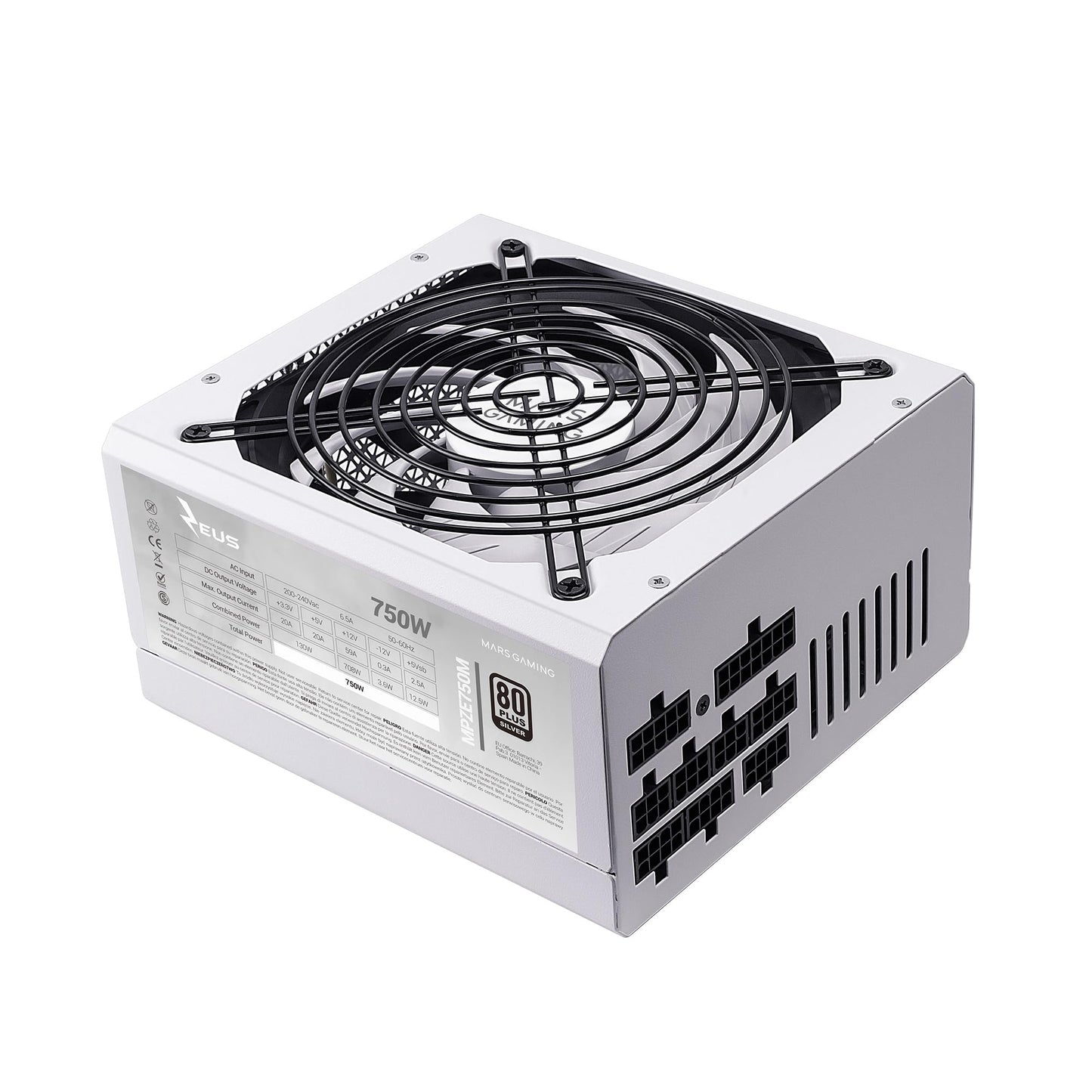 Mars Gaming MPZE750M - 750W modular ATX power supply, 80Plus Silver, 140mm FDB fan, 10-year warranty, high efficiency.