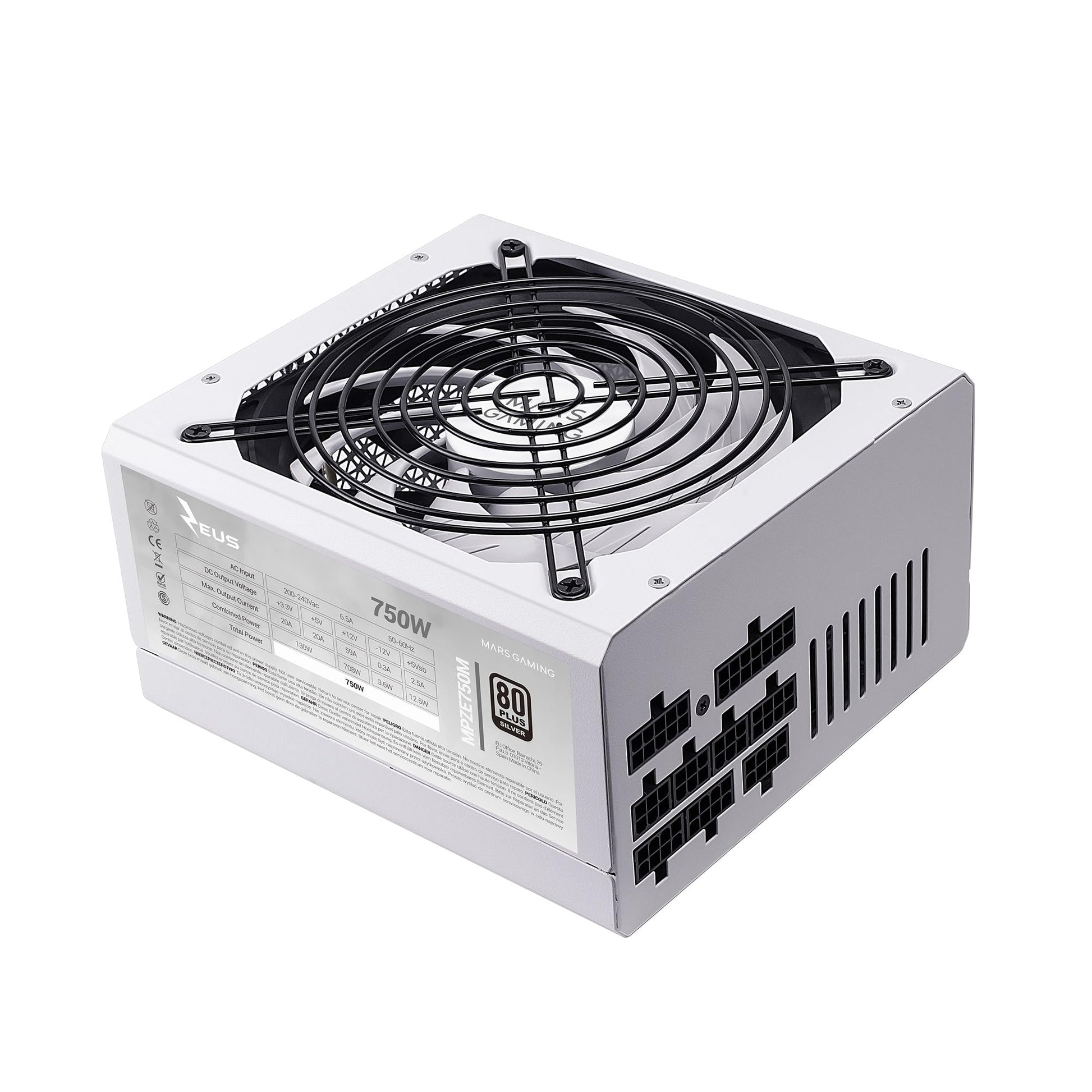 Mars Gaming MPZE750M - 750W modular ATX power supply, 80Plus Silver, 140mm FDB fan, 10-year warranty, high efficiency.