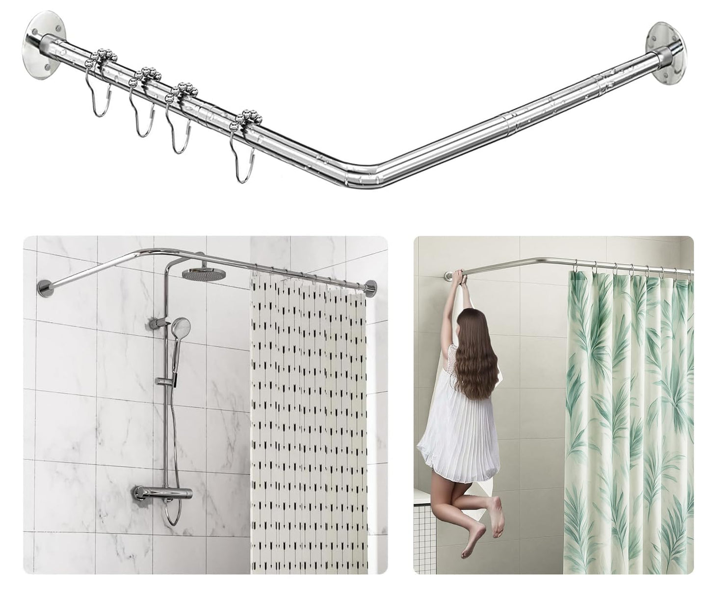 L formas dušas aizkara stanga Sikaiqi, 60-133 cm x 60-133 cm, regulējama, no 304 nerūsējošā tērauda, 90 grādu, bez urbšanas