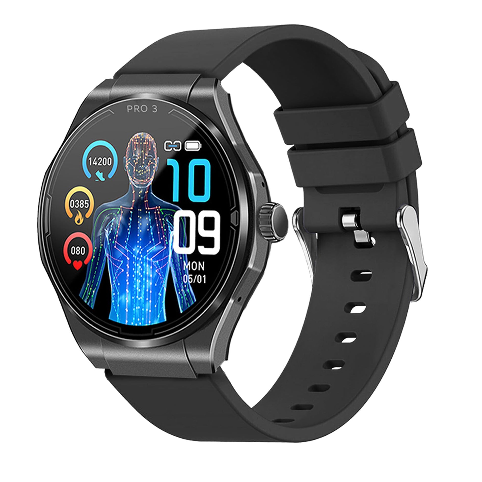 Knauermann PRO 3 (2024) Melns - Veselības viedpulkstenis ar EKG, HRV, SOS, AMOLED displeju, Bluetooth, miega apnoju.