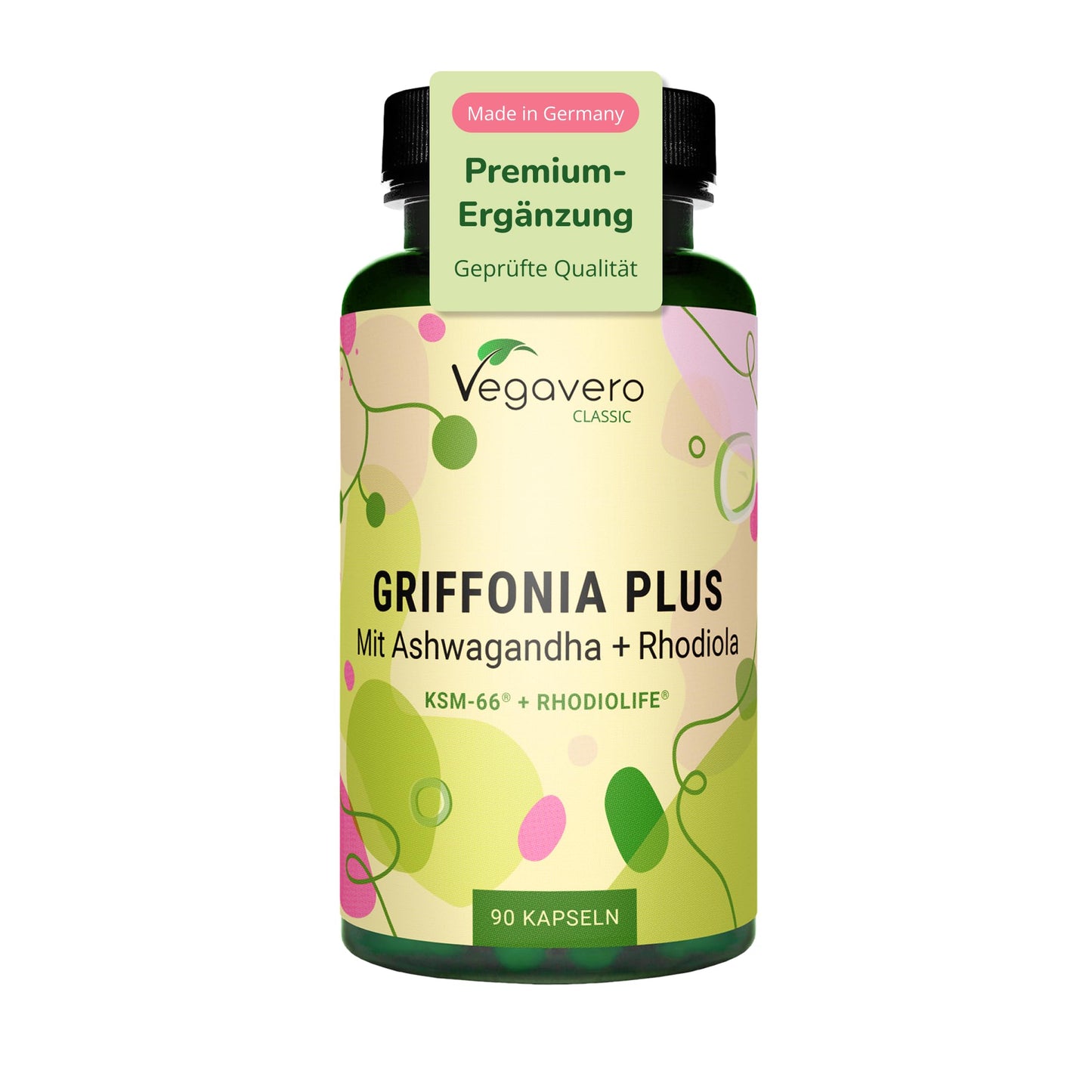 5-HTP kapsulas - Vegavero - no Griffonia - ar Ashwagandha KSM-66 un Rhodiola Rosea Rhodiolife - adaptogēnu komplekss - laboratoriski pārbaudīts - bez piedevām - Vācijā ražots