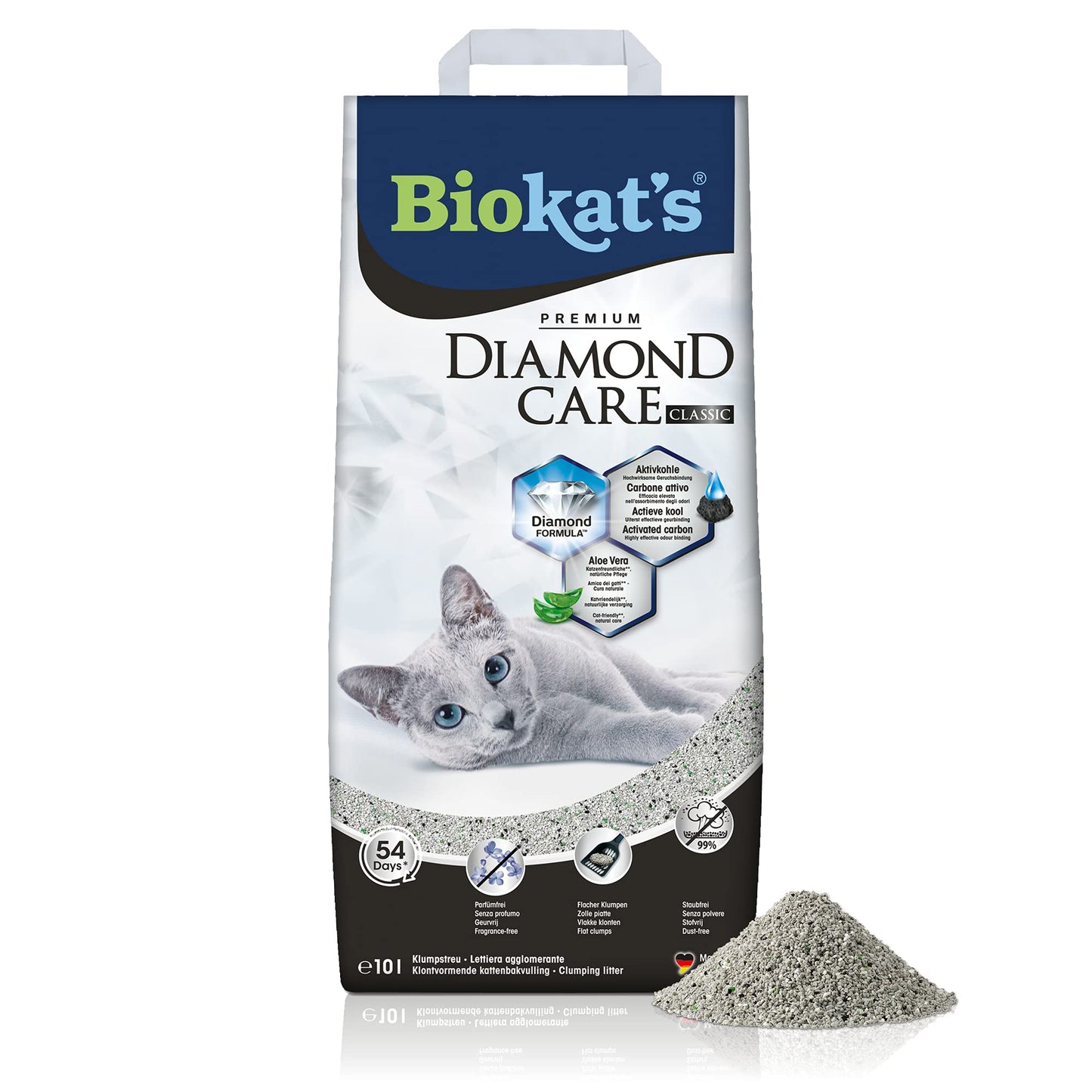 Kaķu pakaiši Biokat's Diamond Care Classic bez smaržvielām – smalki salīpoši bentonīta pakaiši ar aktīvo ogli un alveju – 1 maiss (1 x 10 L)