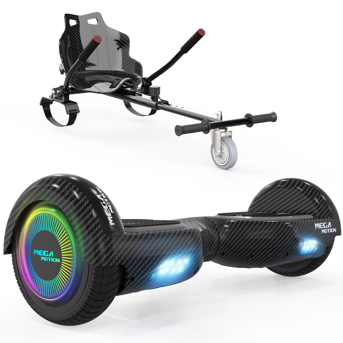 Hoverbords MEGA MOTION 6,5 collu ar sēdekli bērniem, dāvana bērniem, ar Bluetooth skaļruni, jaudīgu motoru un LED gaismām