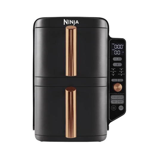 Ninja Double Stack XL karstā gaisa fritieris - 2 vertikālas atvilktnes, 4 gatavošanas režīmi, 9,5 L tilpums, melns/varš.