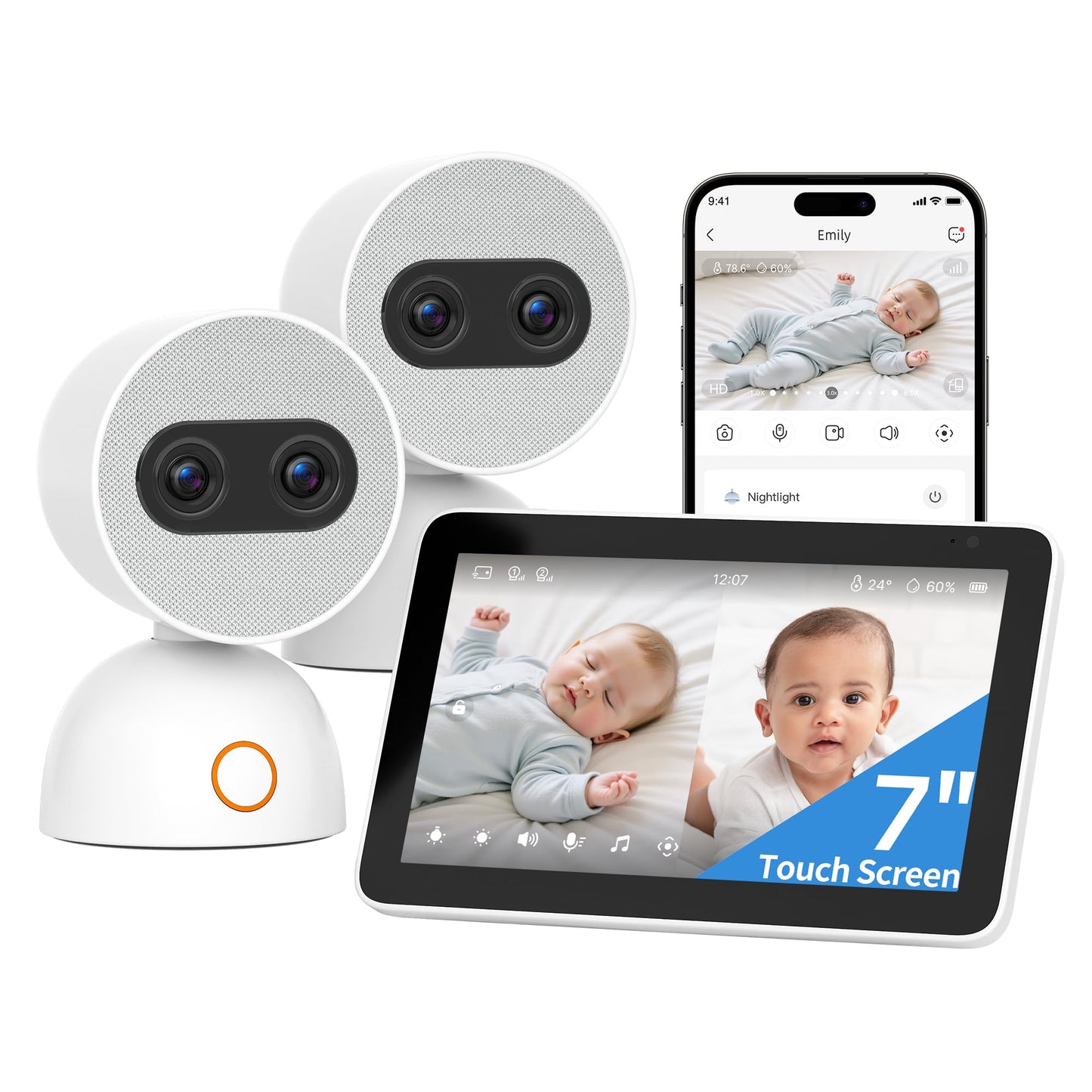 Bērnu monitors Meeye ar 2 kamerām un 7 collu HD skārienekrānu, dalītā ekrāna baby monitor ar lietotni un bez Wi‑Fi, divu objektīvu hibrīdzoom, PTZ auto-tracking, KI raudāšanas un sejas aizsegšanas trauksme