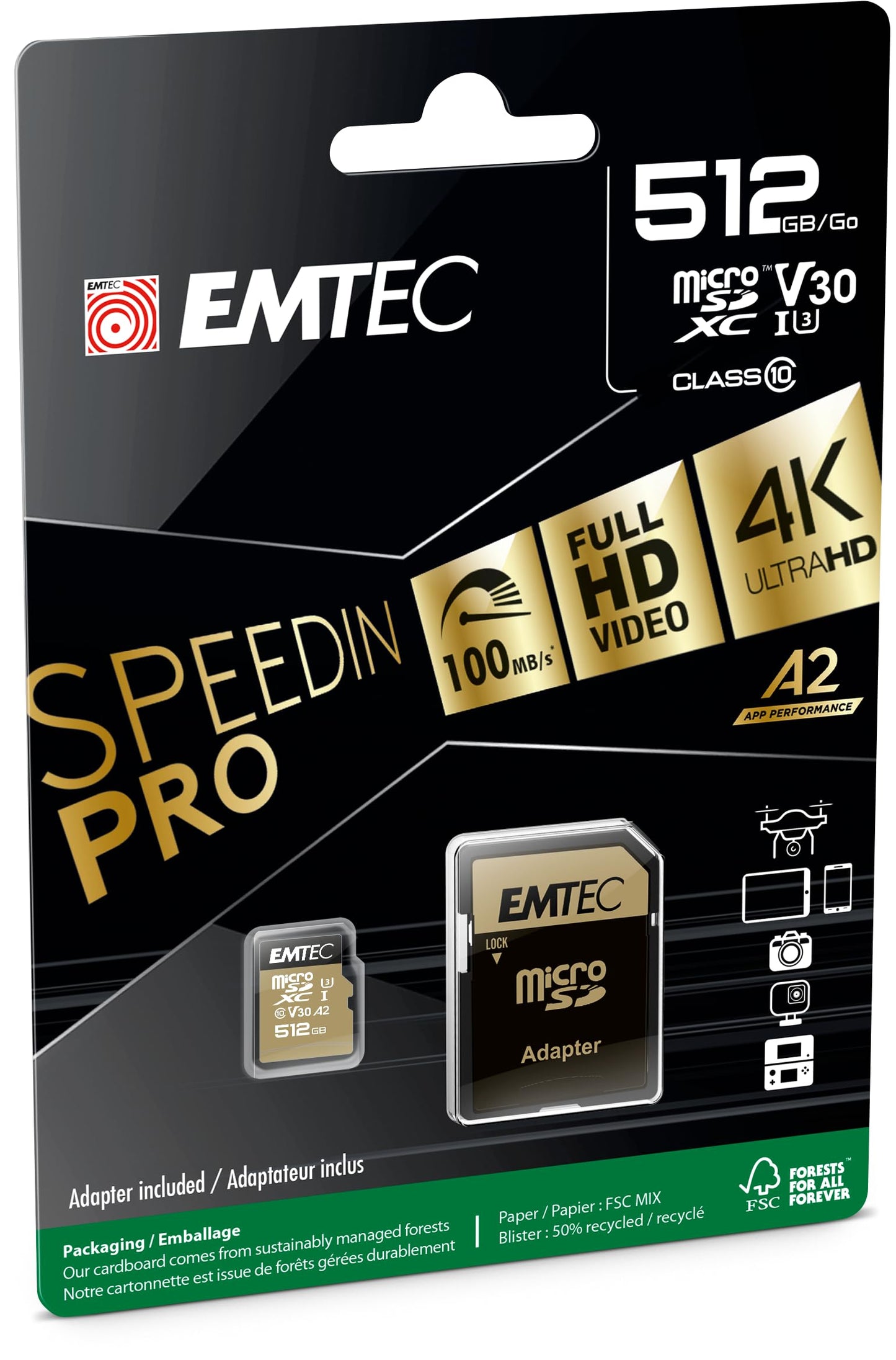 Emtec - UHS-I U3 V30 A1-512 GB, 256 GB - ECMSDM256GXC10SP - Speedin sērija - ar adapteri - lasīšanas un rakstīšanas ātrums līdz 100 MB/s, 100 MB/s, melns/zelts