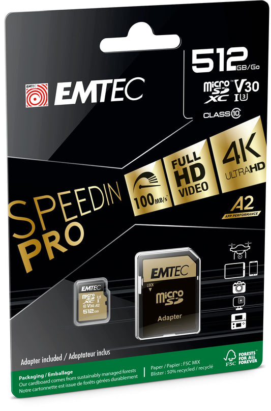 Emtec - UHS-I U3 V30 A1-512 GB, 256 GB - ECMSDM256GXC10SP - Speedin sērija - ar adapteri - lasīšanas un rakstīšanas ātrums līdz 100 MB/s, 100 MB/s, melns/zelts