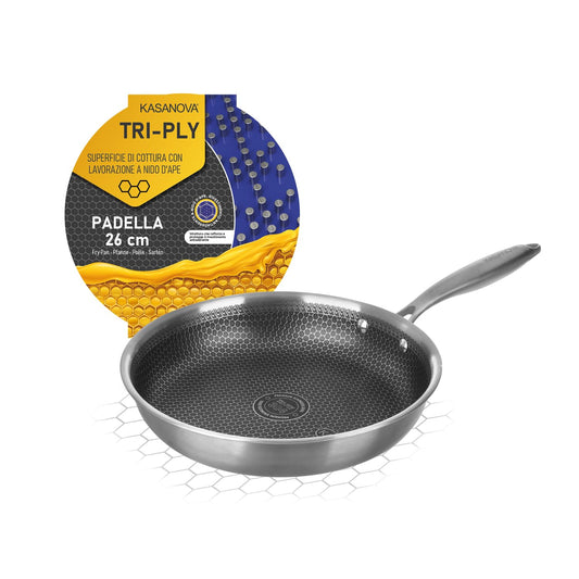 Kasanova trīsslāņu cepamā panna 26 cm - 3 slāņi, neitrāls, izturīga, vienmērīga siltuma izkliede.