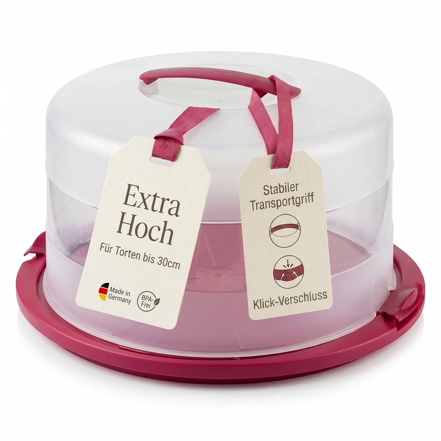 Kūku transportēšanas kaste Lomatek 38 x 33 x 16,5 cm, tortēm līdz 30 cm diametrā, ar vāku un rokturi, nesatur BPA, ražota Vācijā, aveņu krāsā/p caurspīdīga