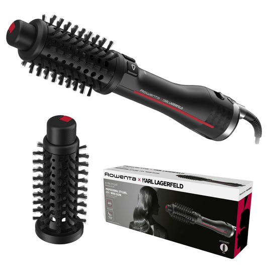 Rowenta x Karl Lagerfeld CF961L K/Pro Stylist rotējošā siltā gaisa suka, spīduma pastiprinātājs, daudzveidīgi izskati, divas sukas, visiem matu tipiem, žāvē un veido vienlaikus, melna/sarkana