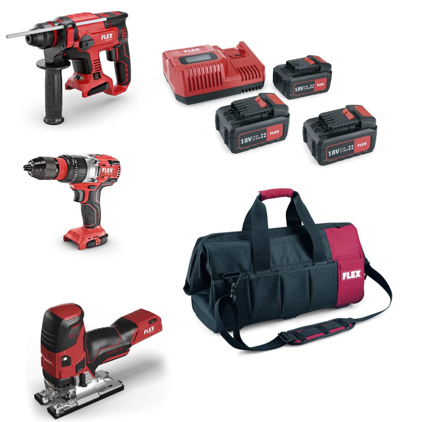 Flex Pack instrumentu komplekts - triecienurbjmašīna, kombinētais urbis-āmurs, figūrzāģis, 3 akumulatori, LED gaisma, bezsuku motors.