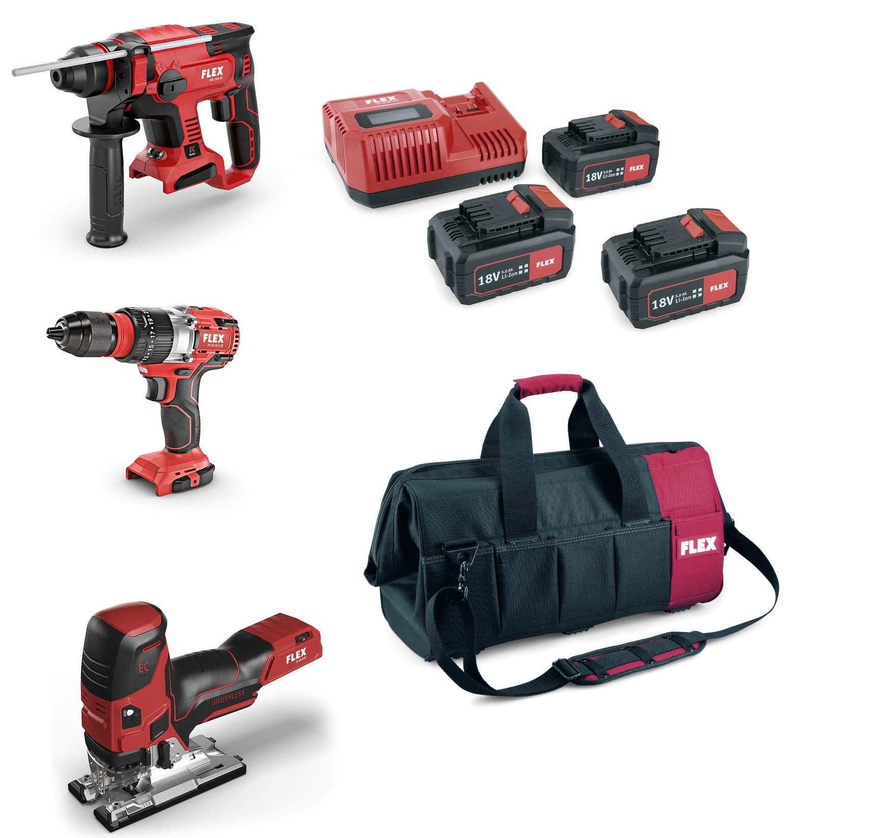 Flex Pack instrumentu komplekts - triecienurbjmašīna, kombinētais urbis-āmurs, figūrzāģis, 3 akumulatori, LED gaisma, bezsuku motors.