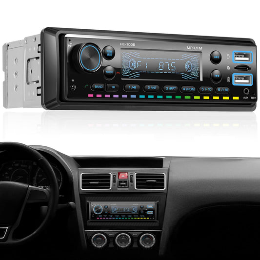 Auto radio CAMECHO 1 Din, FM Bluetooth radio, brīvroku sistēma, fona apgaismojums, 2 USB AUX-in, 4 x 45W, 10V-14.4V, melns