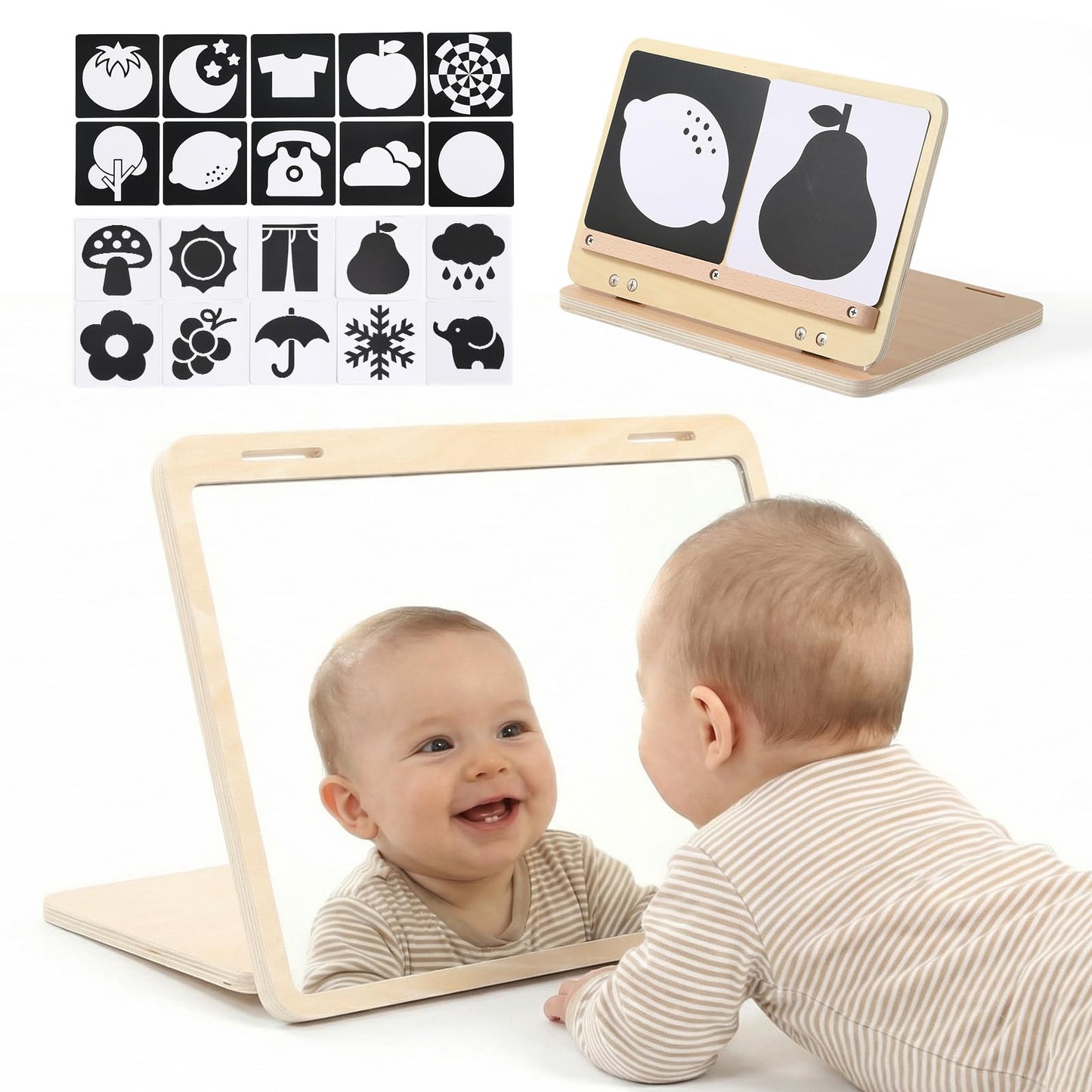 Bērnu spogulis rotaļlieta WOODEN TEETHER – Montesori rotaļlieta jaundzimušajiem ar melnbaltām vizuālajām kartītēm, koka spogulis vēdera pozīcijai 0–12 mēnešiem, dāvana jaundzimušajam