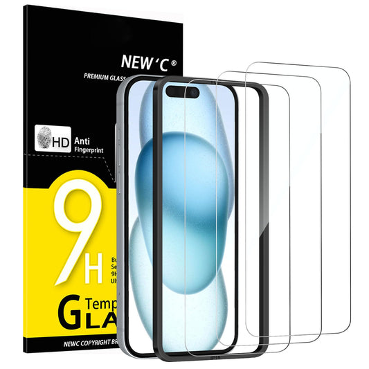 Ekrāna aizsargstikls NEW'C iPhone 16 un iPhone 15, ar montāžas palīdzību