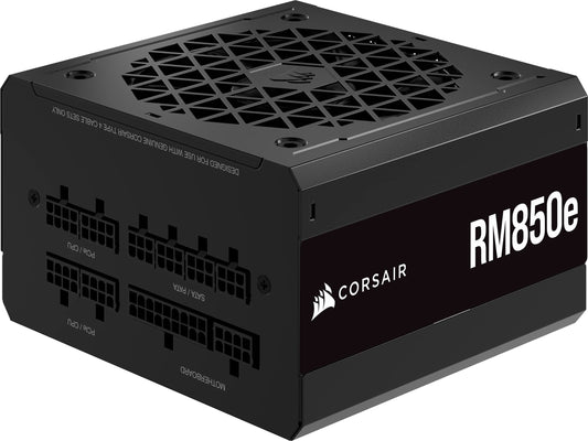 Corsair RM850e - pilnībā modulārs, kluss ATX barošanas bloks, 80 Plus Gold, saderīgs ar 3.0 un PCIe 5.0, 105°C kondensatori.