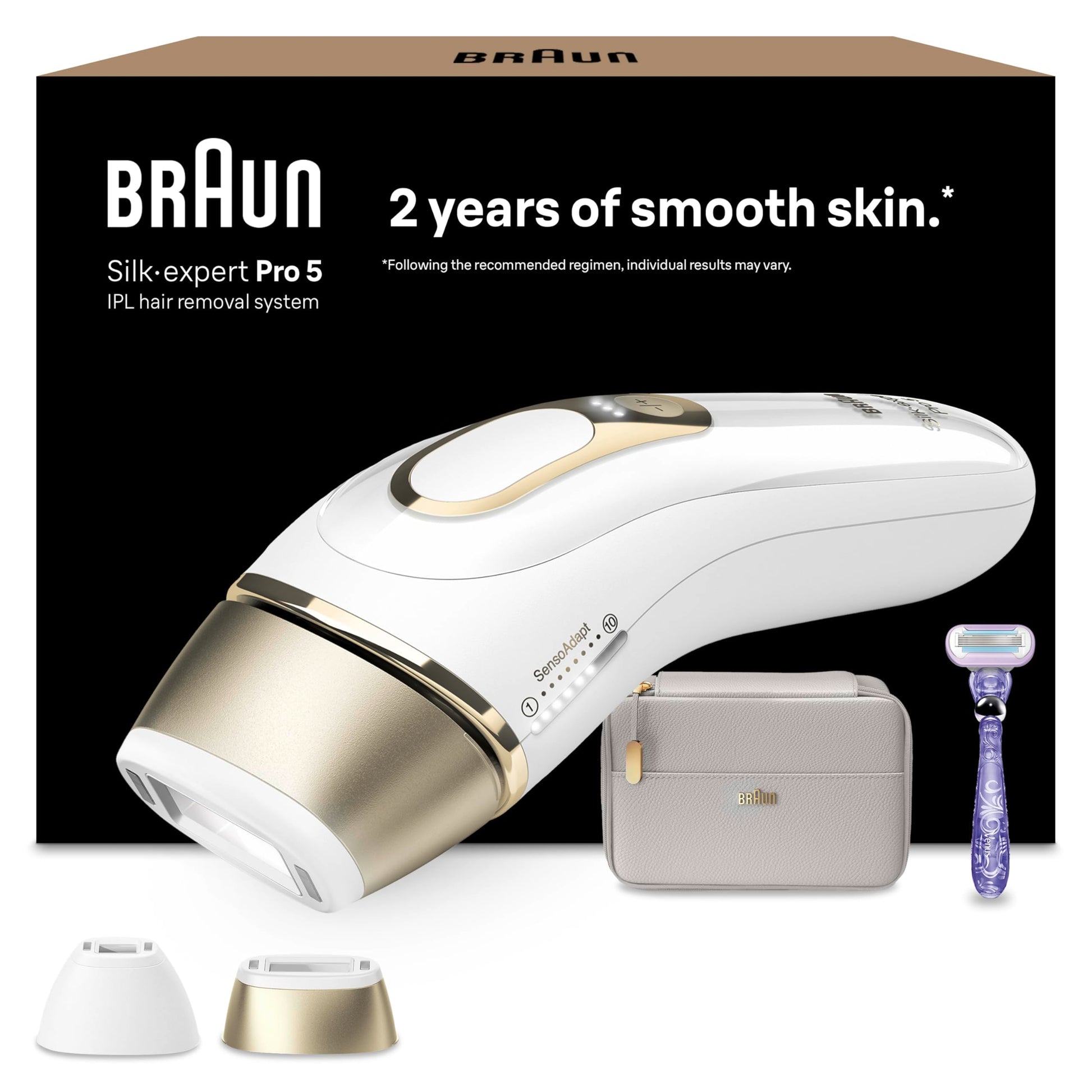 Braun IPL Silk·expert Pro 5 – IPL ierīces matu noņemšanai, ilgstoša un nesāpīga matu noņemšana mājās – komplektā ar Gillette Venus skuvekli, 2 uzgaļi, izstrādāts Vācijā – PL5157, balts/zelts