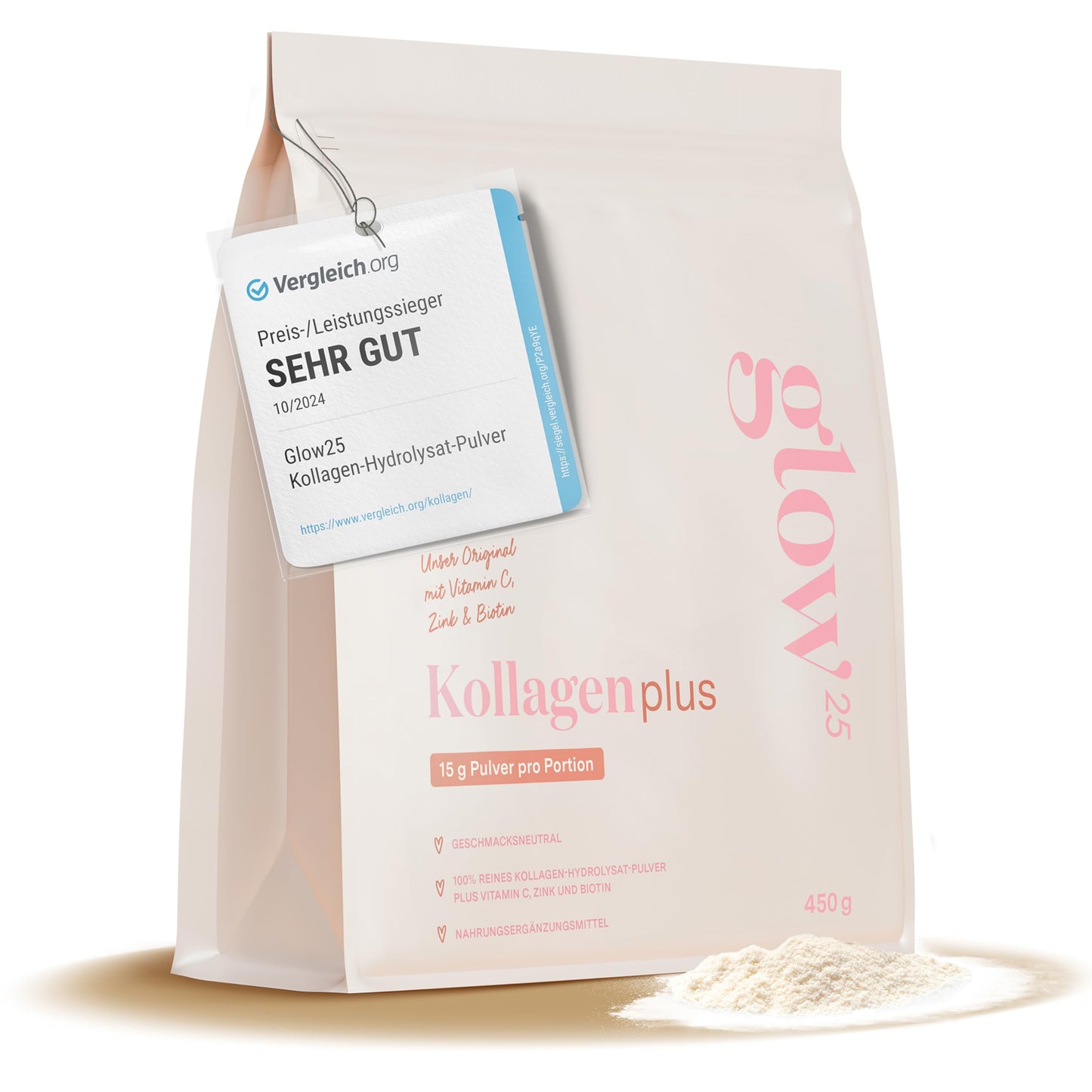 Kolagēna pulveris Glow25® [450g] – hidrolizēts kolagēns ar C vitamīnu, cinku un biotīnu, 1. un 3. tipa peptīdi, laba šķīdība, neitrāla garša