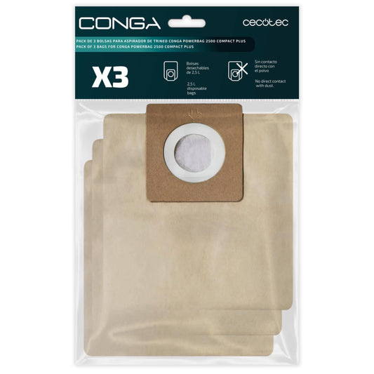 Cecotec komplekts 3 putekļu sūcēja maisiņi - saderīgi ar Conga PowerBag 2500 Compact Plus, efektīva putekļu uzkrāšana.