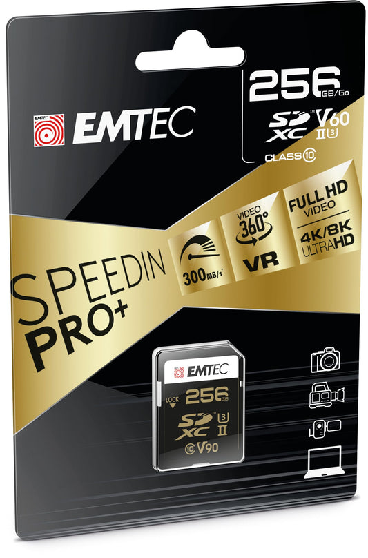 Emtec SpeedIN Pro 256 Go SDXC UHS-II Klase 10 - High-speed storage, Class 10, ideal for 4K video and large files.