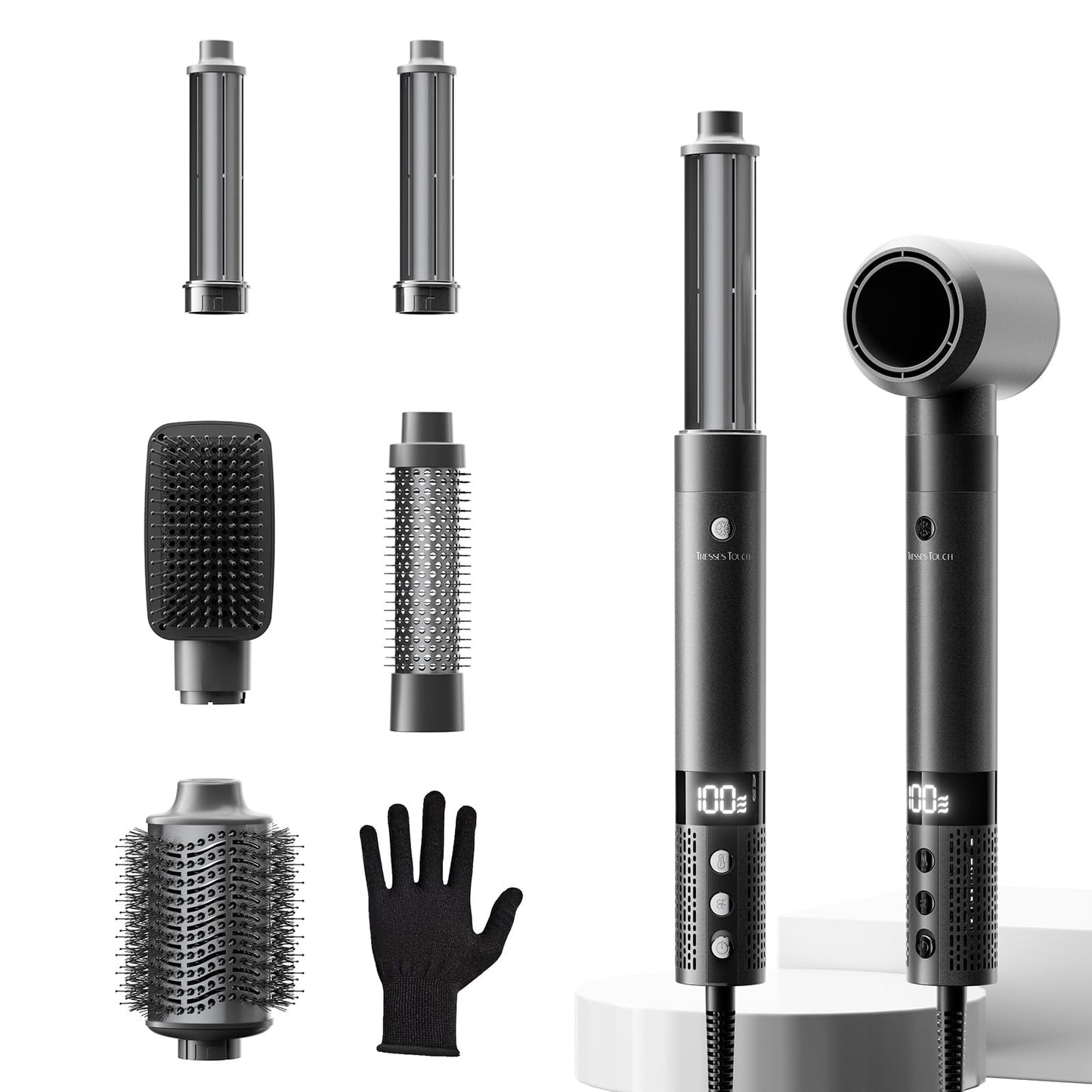 Hairstyler 6-in-1, airstyler ar apaļo suku fēnu, automātiska gaisa plūsmas lokšķēre, apjoma fēna suka, fēns, 110.000 U/min, 1400W lokām, apjomam, gludināšanai un žāvēšanai, Grey