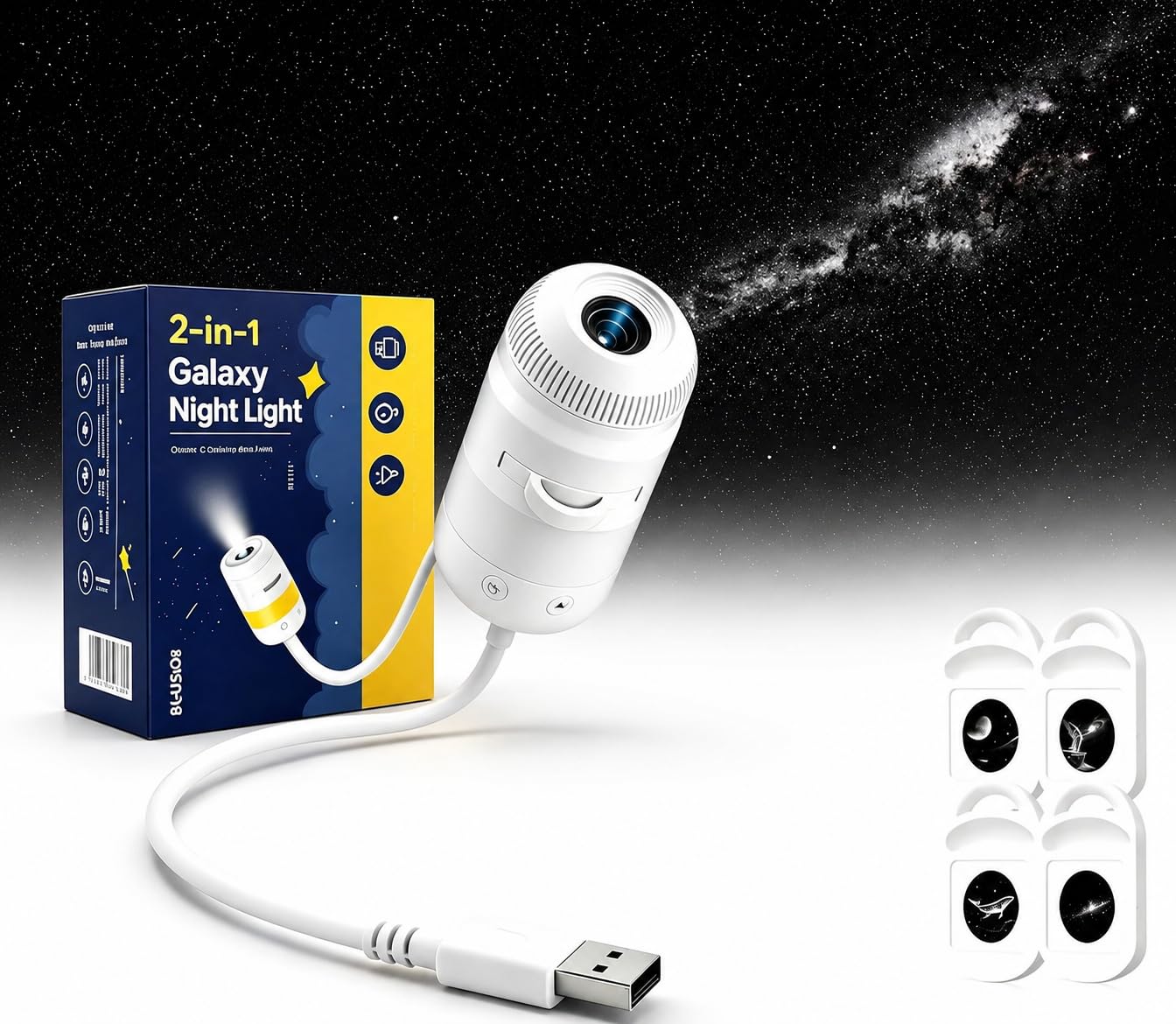 Galaktikas projektors VanSmaGo 2-in-1 ar USB, regulējams spilgtums un 360° rotācija, naktslampa