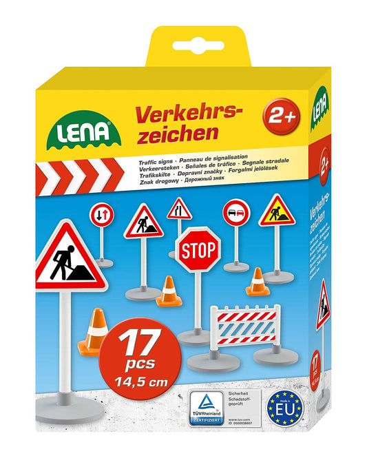 Lena 04440 - 17-piece road sign set with 9 signs, 5 cones, and 3 construction fences for Truxx and Worxx vehicles.