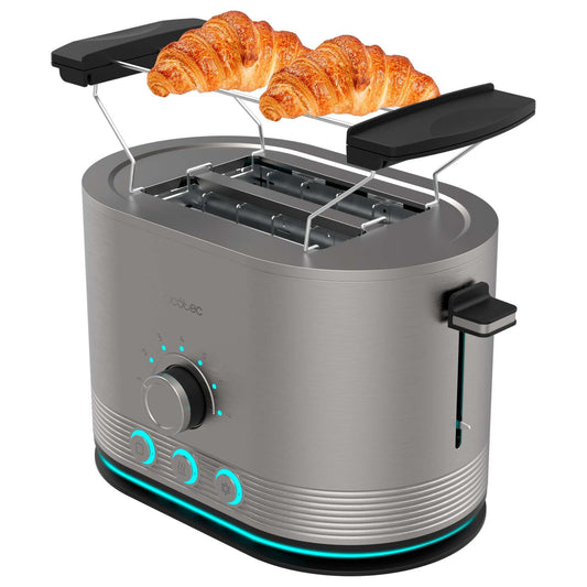 Cecotec vertikālais tosteris no nerūsējošā tērauda ar diviem īsiem slotiem Shine&Toast Double. 850W, jauda 2 šķēlēm, slotu platums 3,8 cm, gaismas gredzens, 7 grauzdēšanas pakāpes, augšējās stieples.