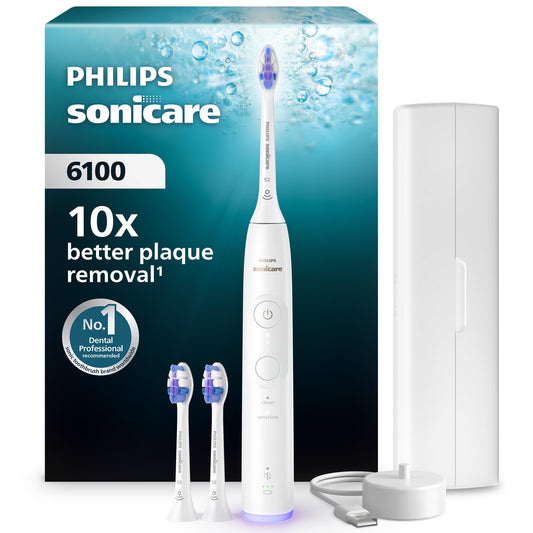 Philips Sonicare 6100 elektriskā zobu birste, skaņas zobu birste ar 2 tīrīšanas režīmiem, 3 intensitātes līmeņiem, spiediena kontroli, EasyStart, SmarTimer, ceļojumu futrālis, balta, modelis HX7400/02 [Jauna tehnoloģija]