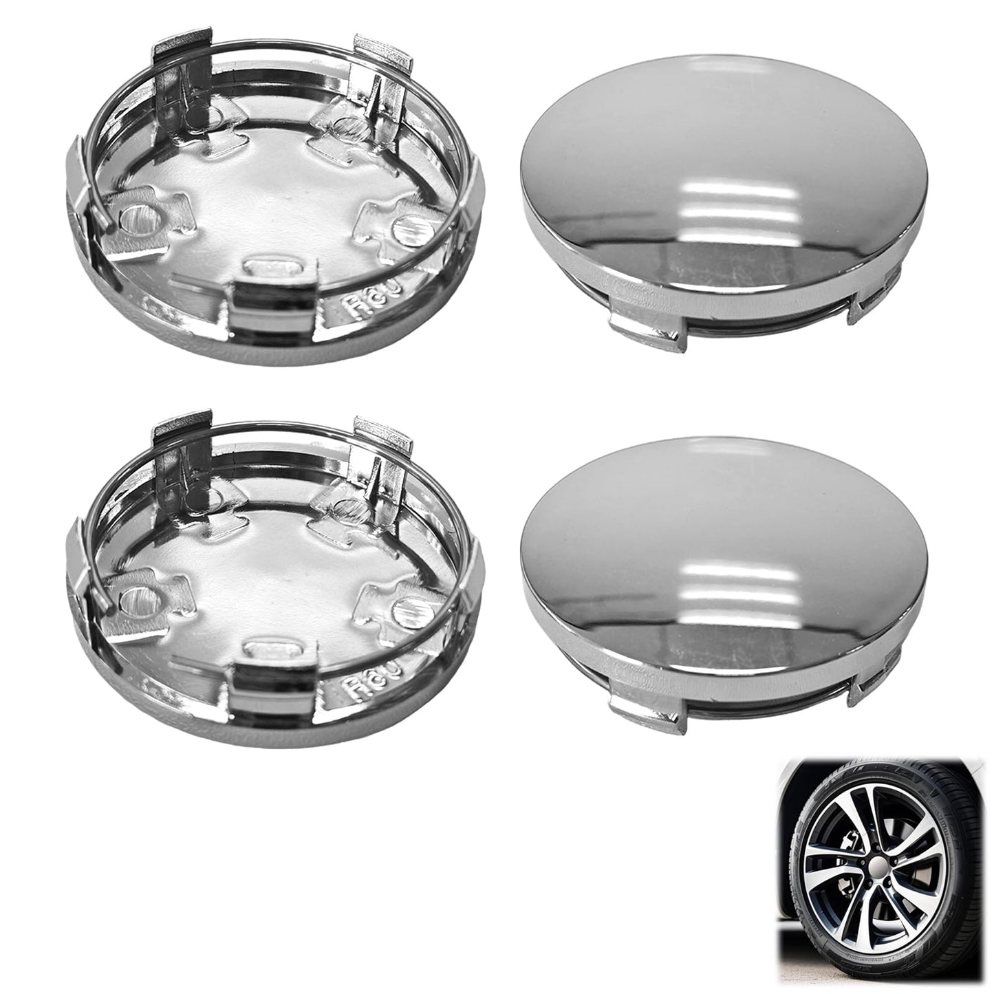 Riteņu dekoratīvie vāciņi, Felgenkappen, Nabenkappen, Nabendeckel OD 60mm ID 56mm, ABS plastmasas disku vāciņi, universāli auto centra vāciņi, 4 gab., izturīgs rumbas pārsegs, vienkārša uzstādīšana, sudraba