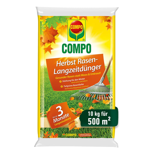 COMPO rudens zāliena mēslojums ar kāliju, 10 kg līdz 500 m², kālija mēslojums