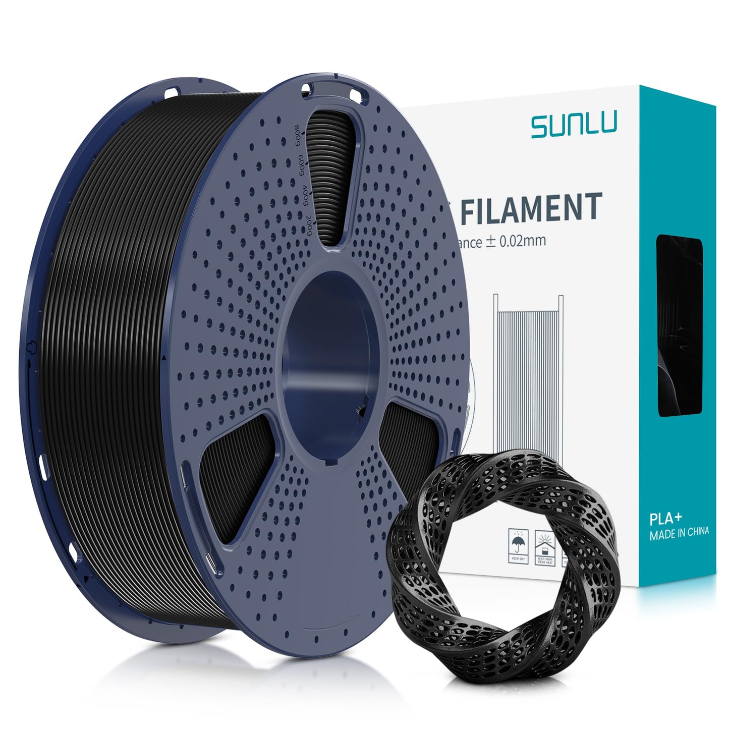 3D printera PLA+ kvēldiegs 1.75mm, SUNLU PLA Plus melns, 1KG spole