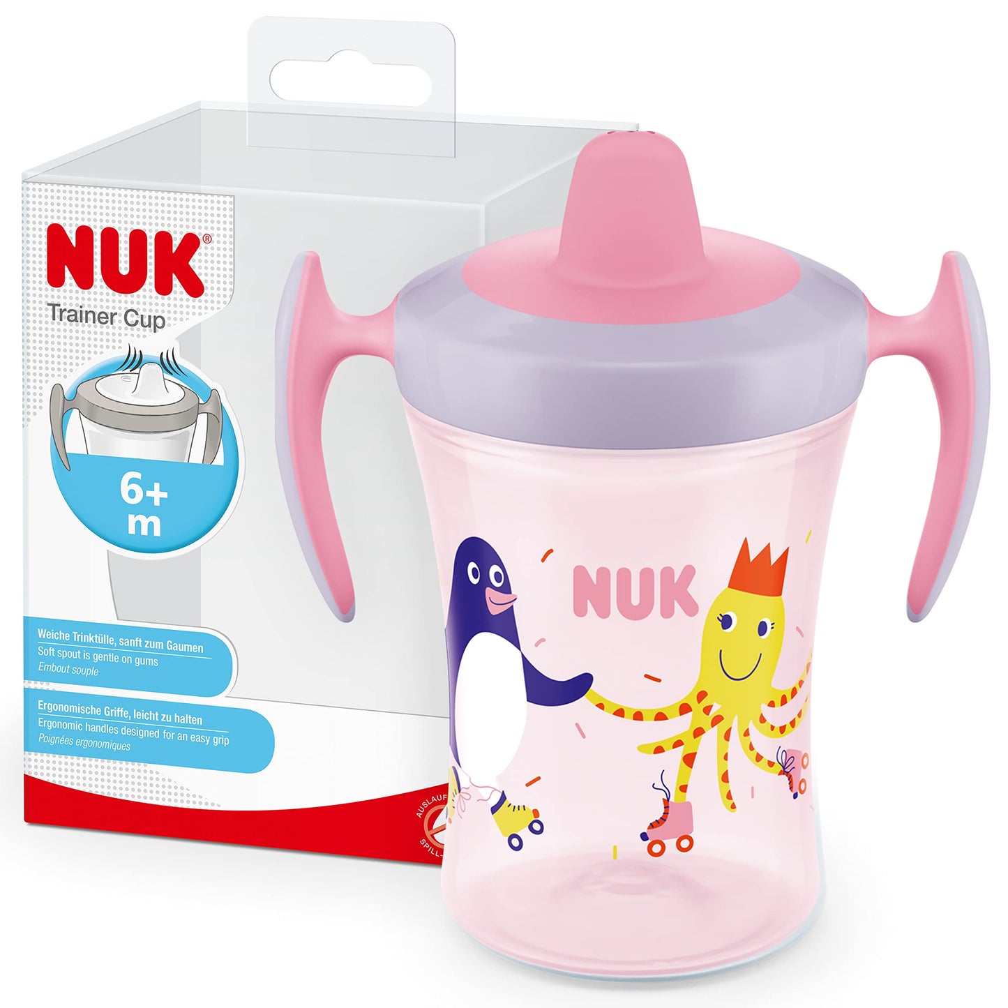 Mācību krūzīte NUK Trainer Cup, piliendroša krūzīte ar mīkstu dzeršanas uzgali un ergonomiskiem rokturiem, 6+ mēn., 230 ml, rozā pingvīns