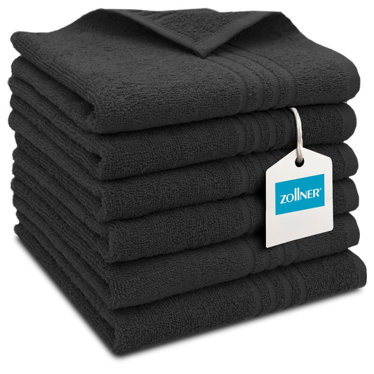 ZOLLNER 6 gab. viesu dvieļu komplekts 40x60 cm, ļoti uzsūcoši viesu dvieļi melnā krāsā, ar praktisku pakarināšanas cilpu, ar elegantu reljefu joslu dizainu, mazgājami līdz 60°C, kokvilna, viesnīcu kvalitāte
