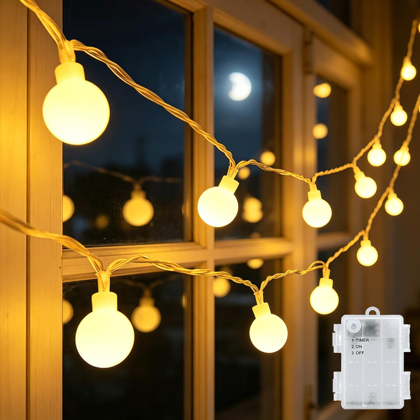 LED virtene ar lodveida lampiņām lietošanai ārpus telpām cshare, 6 m, 40 LED, ar baterijām, taimeri un IP65 aizsardzību, silti balta